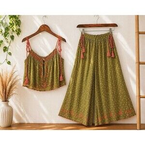 Free People "Hearts Rising" 2-Piece Set Moss Green Large Boho New
